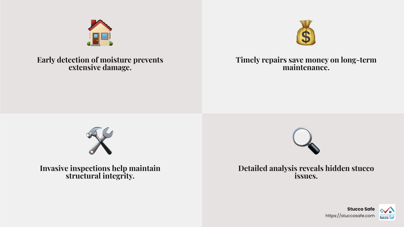 Early detection prevents extensive damage - invasive stucco inspection infographic 4_facts_emoji_grey