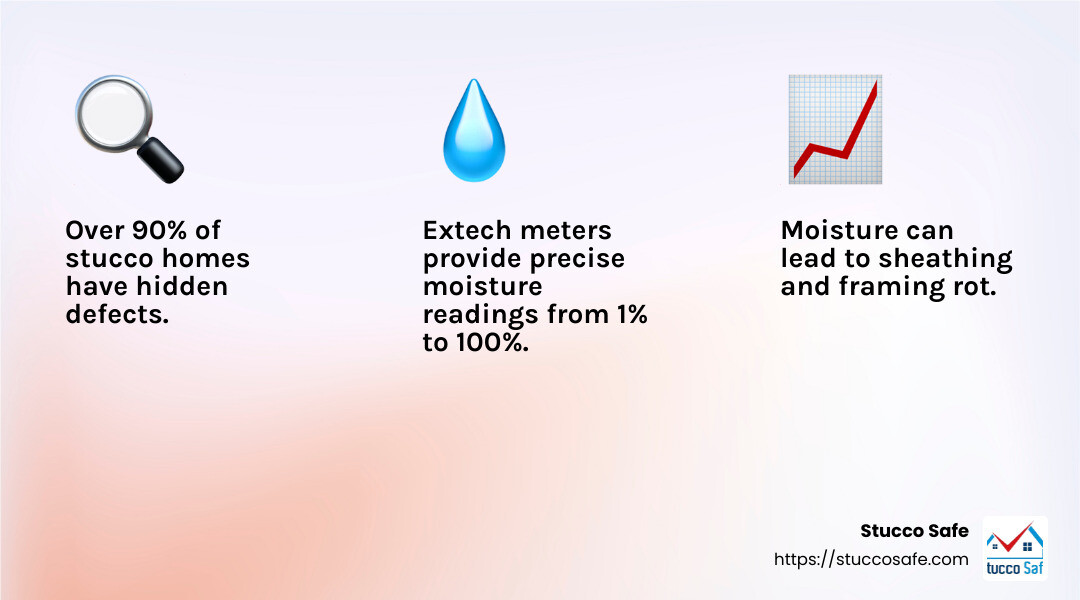 Moisture testing accuracy with Extech probes - Stucco home inspection NJ infographic 3_facts_emoji_light-gradient