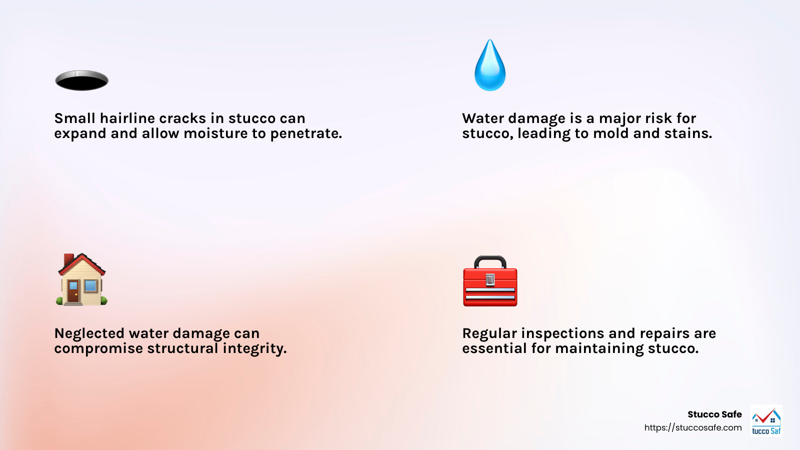 Water damage in stucco can lead to mold and structural issues - stucco repair near me infographic 4_facts_emoji_light-gradient