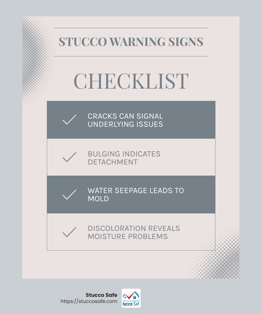 Stucco problems like cracking and discoloration can indicate serious issues. - stucco repair near me infographic checklist-light-blue-grey