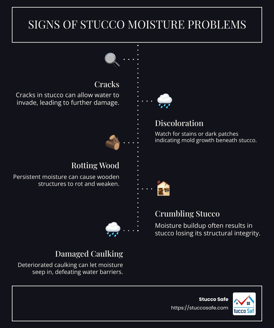 Infographic: Signs and Costs of Stucco Moisture Problems - stucco moisture problems infographic infographic-line-5-steps-dark