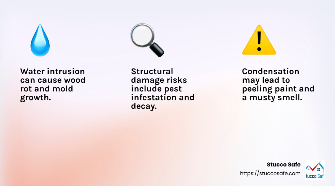 EIFS moisture problems can lead to wood rot and mold growth. - EIFS moisture problems infographic 3_facts_emoji_light-gradient