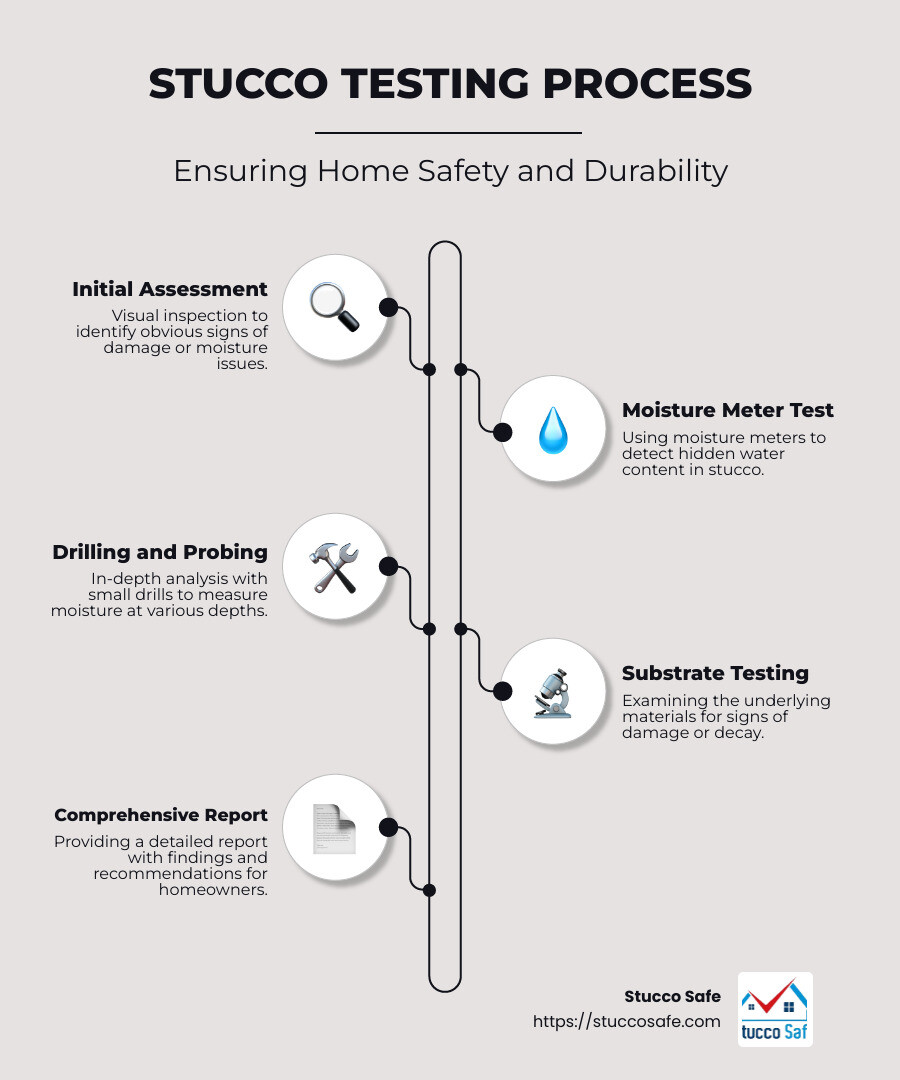 Details of a Typical Stucco Inspection Process - Stucco Testing PA infographic infographic-line-5-steps-neat_beige