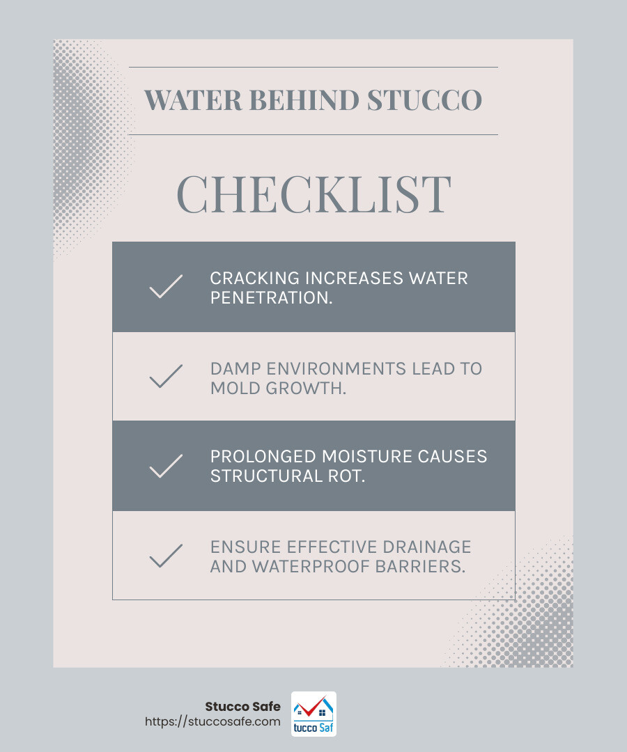 Stucco problems due to water intrusion - stucco moisture problems infographic checklist-light-blue-grey