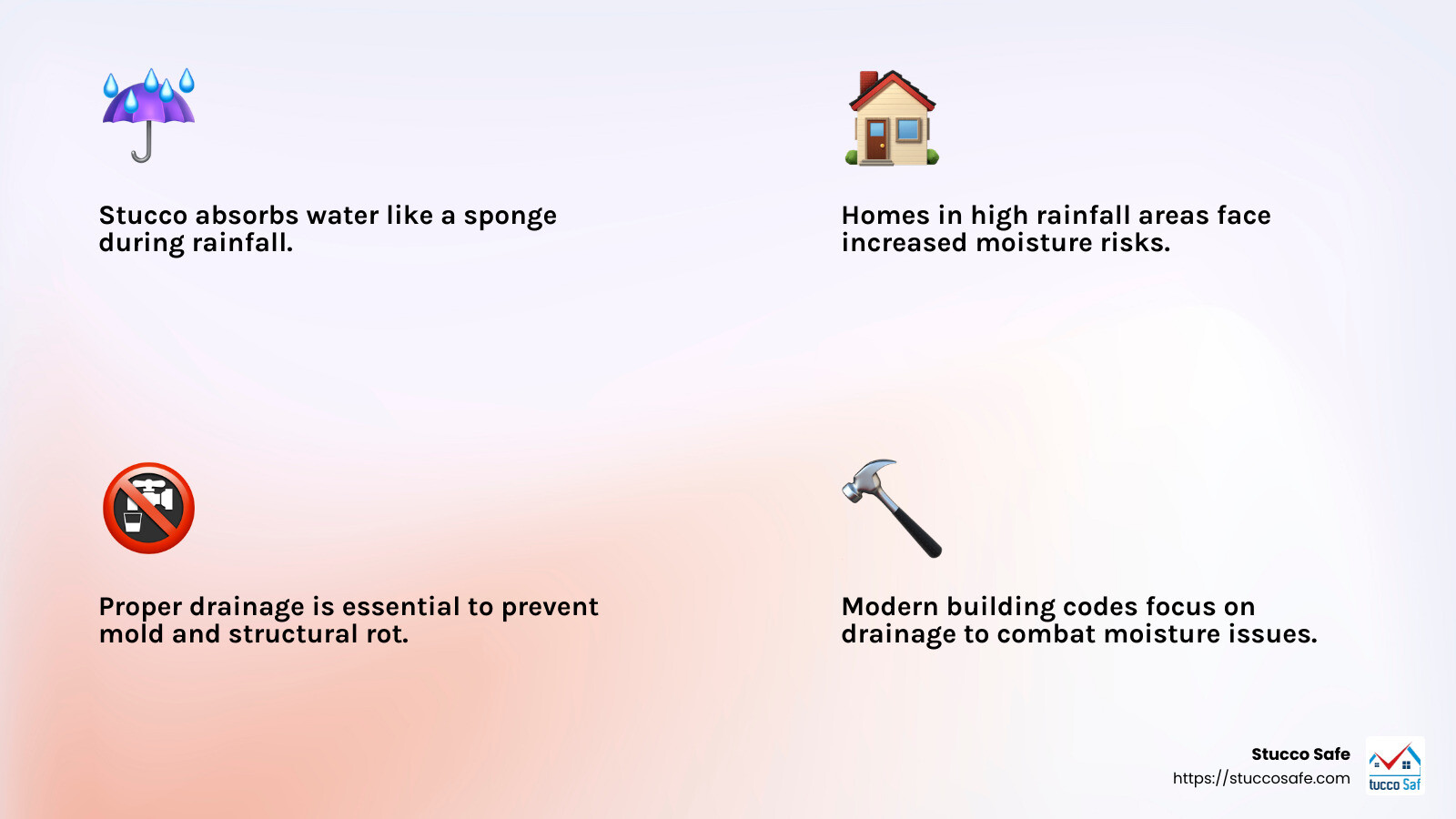 High rainfall areas are more prone to stucco moisture problems. - stucco moisture problems infographic 4_facts_emoji_light-gradient