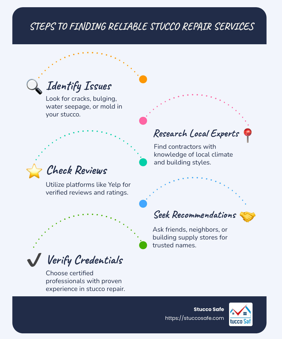 guide for finding stucco repair services - stucco repair near me infographic infographic-line-5-steps-blues-accent_colors