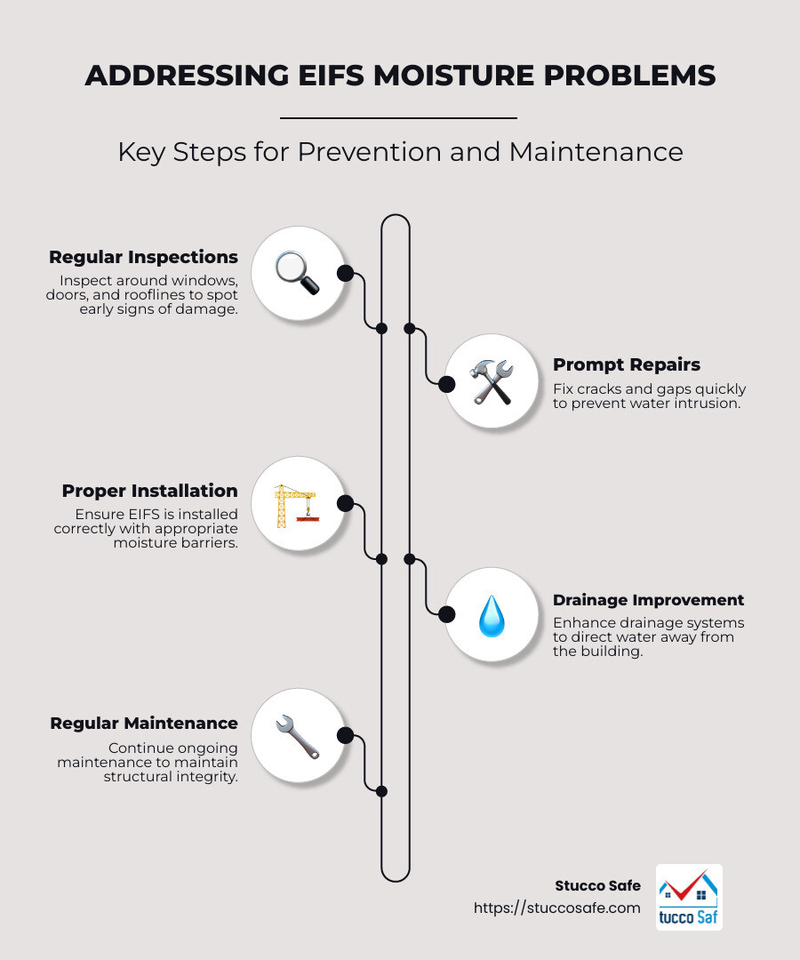 Infographic detailing causes and signs of EIFS moisture problems - EIFS moisture problems infographic infographic-line-5-steps-neat_beige